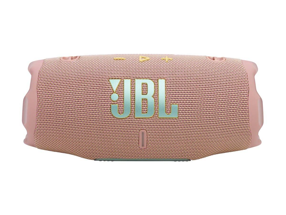 Ein tragbarer rosa Bluetooth-Lautsprecher mit Tasten für Wiedergabe, Pause und Lautstärkeregelung oben. Das „JBL
