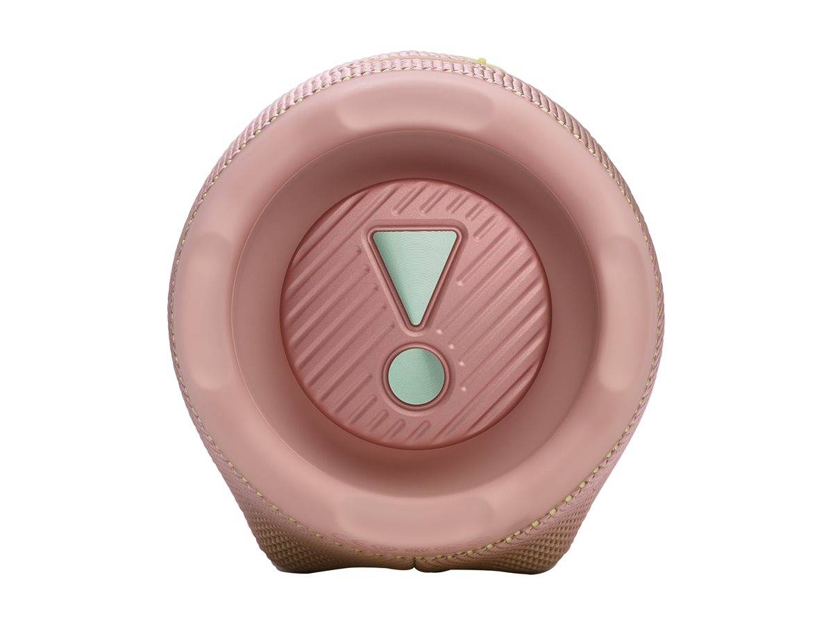 Ein rosa, kreisförmiger Knopf mit einem Ausrufezeichen in der Mitte, das Vorsicht oder Aufmerksamkeit anzeigt.