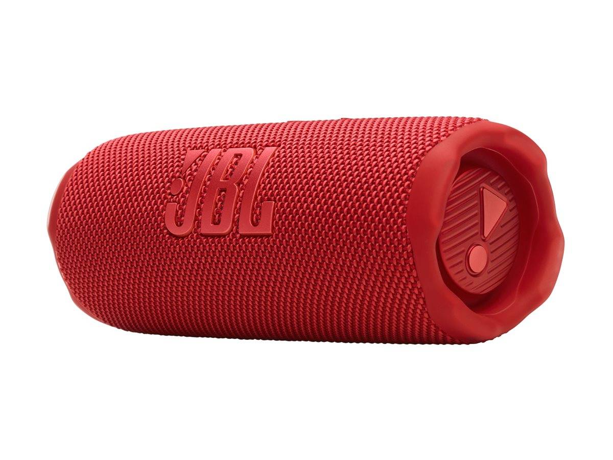 Ein roter zylindrischer Bluetooth-Lautsprecher mit strukturierter Oberfläche und Logo.