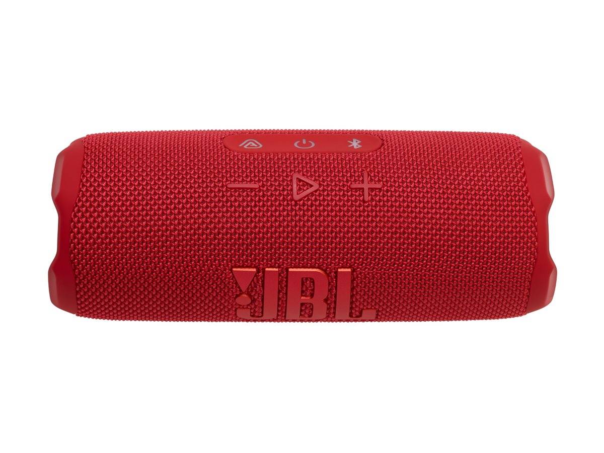 Roter tragbarer drahtloser Lautsprecher mit Tasten für Ein/Aus, Bluetooth, Wiedergabe und Lautstärkeregelung, mit strukturierter Griffoberfläche.