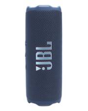 Blauer tragbarer JBL Bluetooth-Lautsprecher aufrecht auf weißem Hintergrund dargestellt, mit dem JBL-Logo vertikal zentriert.