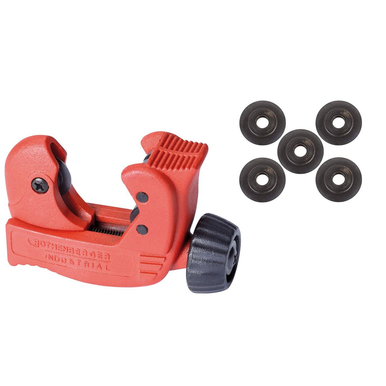 Rohrschneider in Rot mit verstellbarem Rahmendrehrad und fünf Ersatz-Schneidrädern, verwendet zum präzisen Schneiden von Rohren.