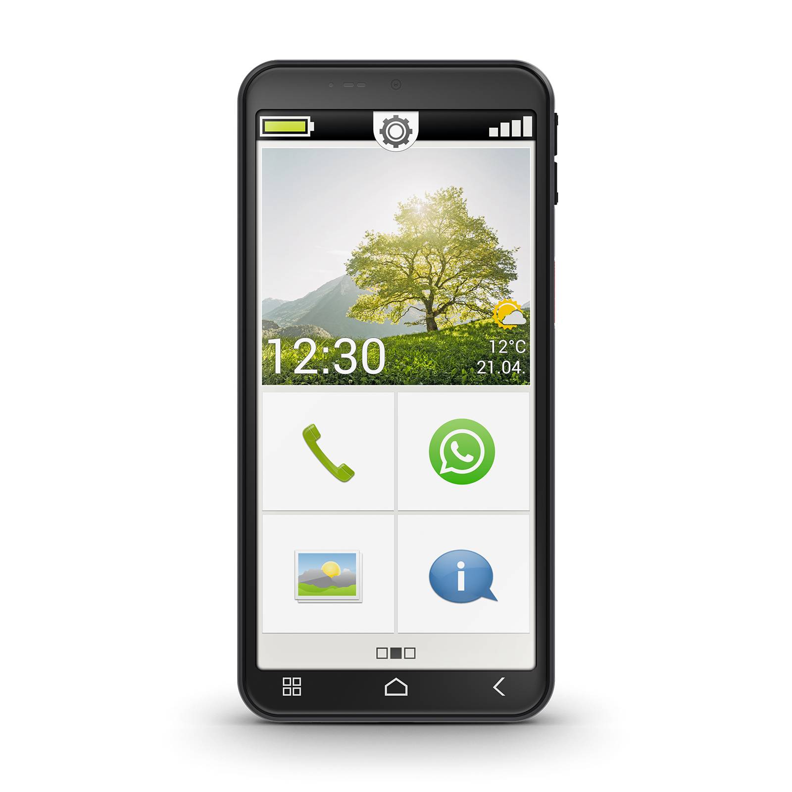 Smartphone-Startbildschirm mit einer Landschaftstapete, Uhrzeit 12:30, Wetter 12°C und Datum 21.04, mit Telefon-, WhatsApp-, Galerie- und Info-Symbolen.