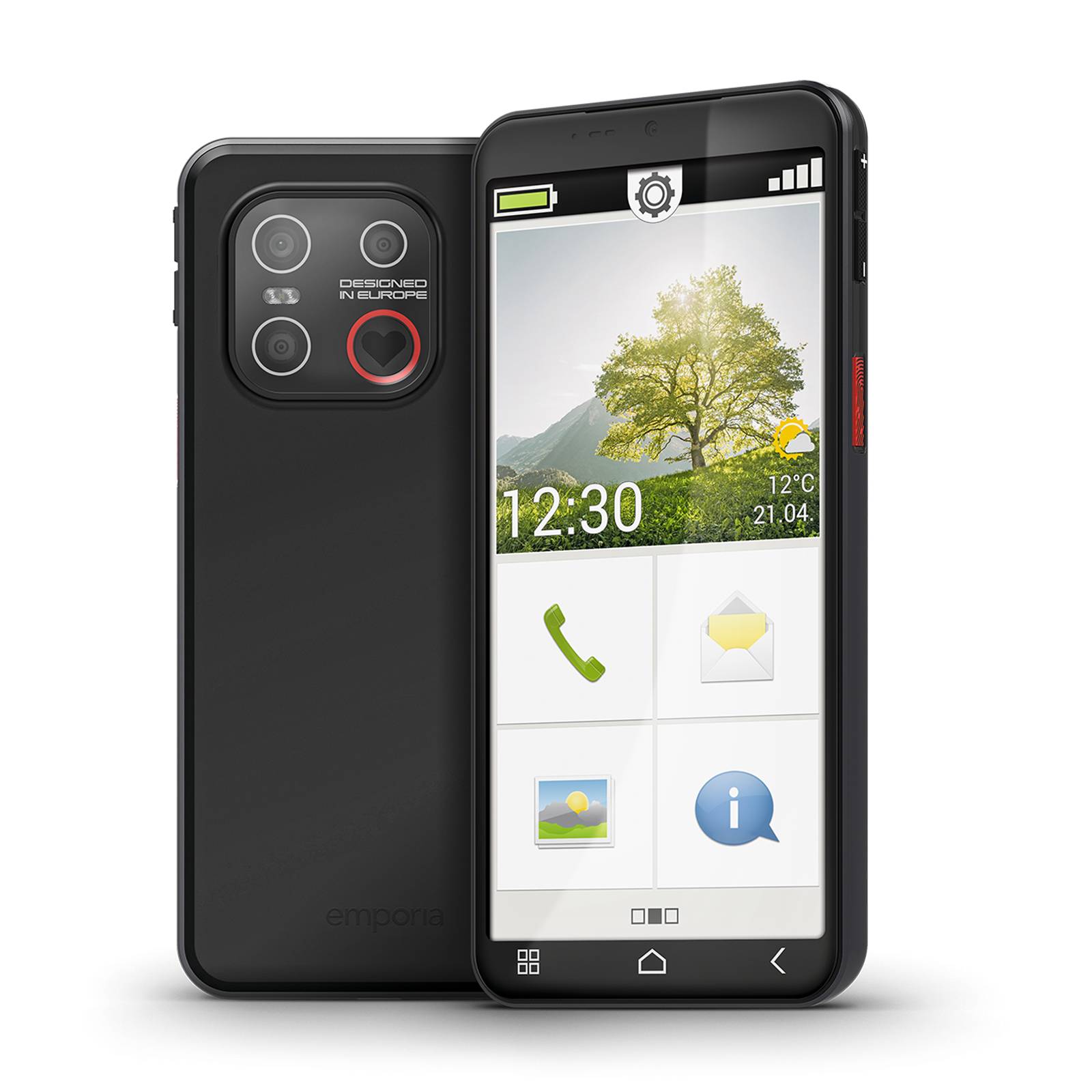 Schwarzes Smartphone von vorne und hinten gezeigt, mit großem Touchscreen mit Home-Screen-Symbolen, Uhrzeit 12:30 und Triple-Lens-Kameramodul auf der Rückseite.