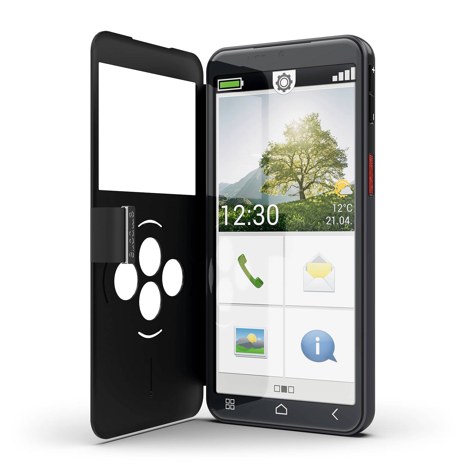 Schwarzes Smartphone mit Flipcover, das einen Startbildschirm mit der Uhrzeit 12:30, Wetterdaten und App-Symbolen anzeigt.