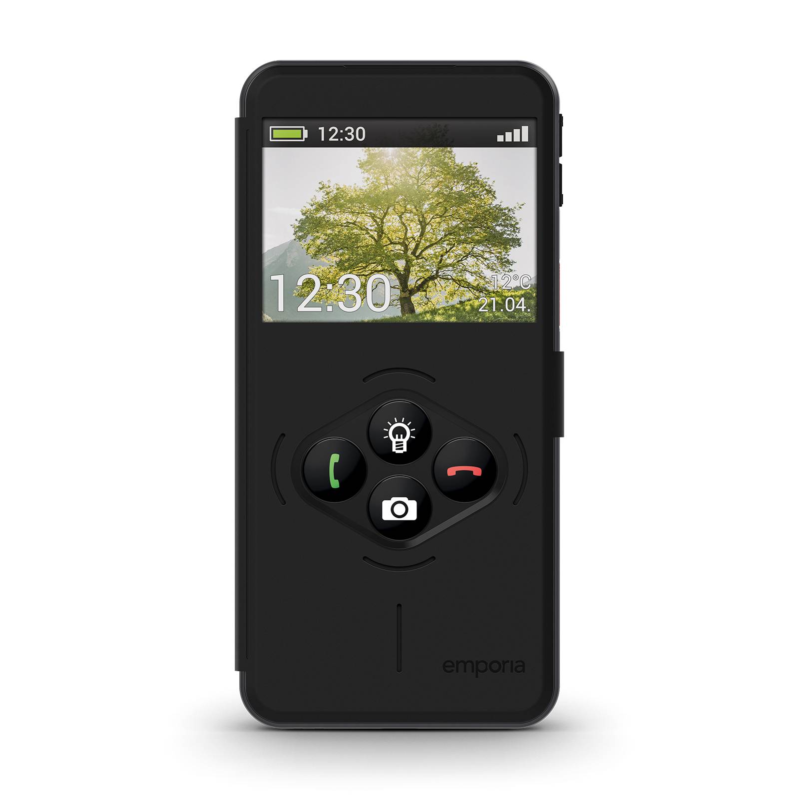 Schwarzes Emporia Mobiltelefon mit kleinem Bildschirm, das ein Baum-Hintergrundbild und 12:30 anzeigt, sowie große grüne Anrufen-, rote Beenden-, Kamera- und Lichttasten.