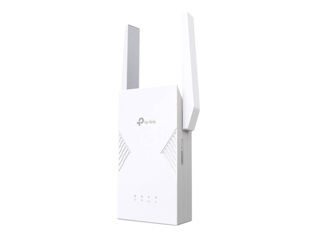 Ein weißer TP-Link WLAN-Repeater mit zwei Antennen, aufrecht stehend. Das Logo ist sichtbar, und Statusanzeigen zeigen den Gerätestand.