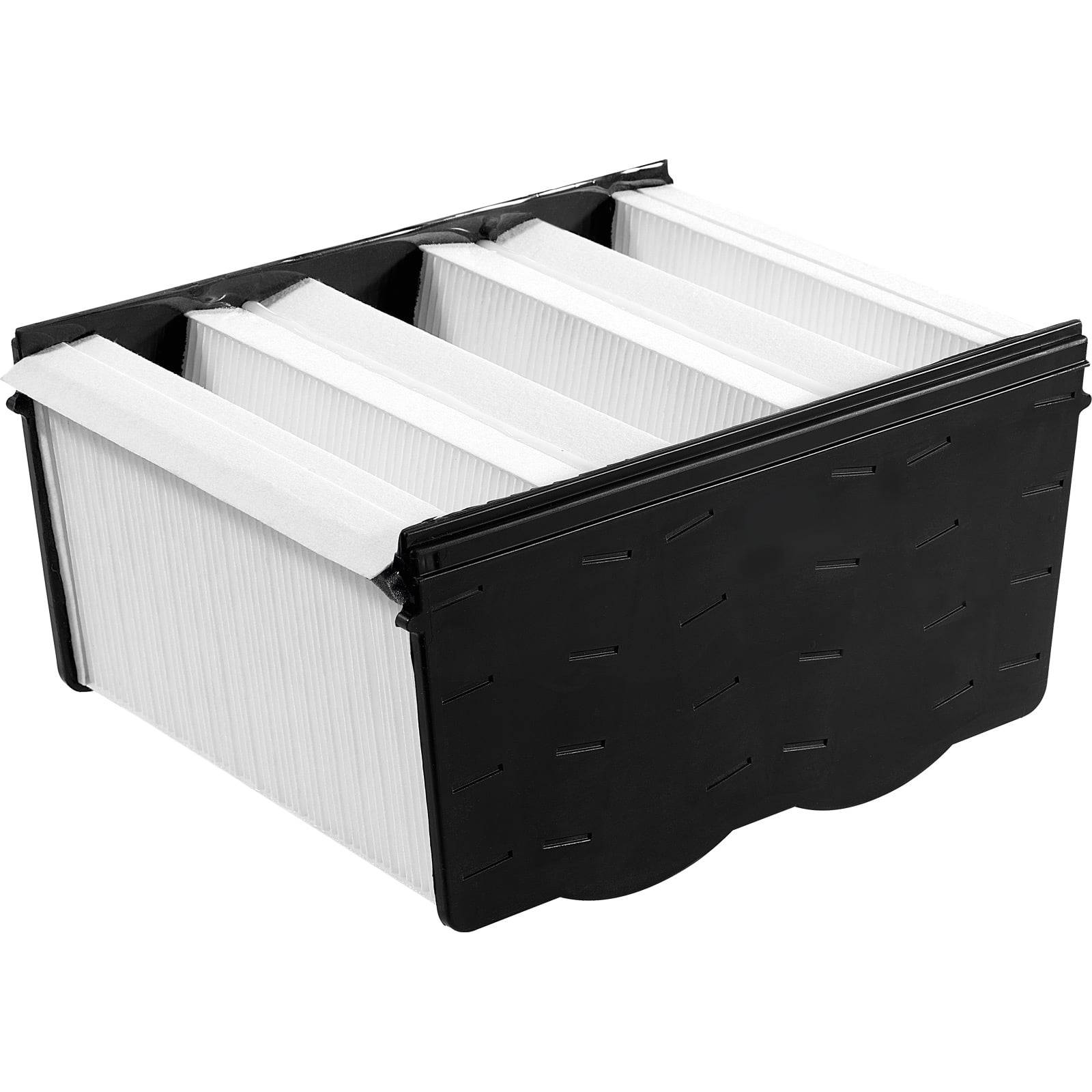 Fünf-Panel-Luftfilter mit schwarzem Rahmen, für den industriellen Einsatz entwickelt, mit Darstellung der Luftstromrichtung und Filtrationskapazität.