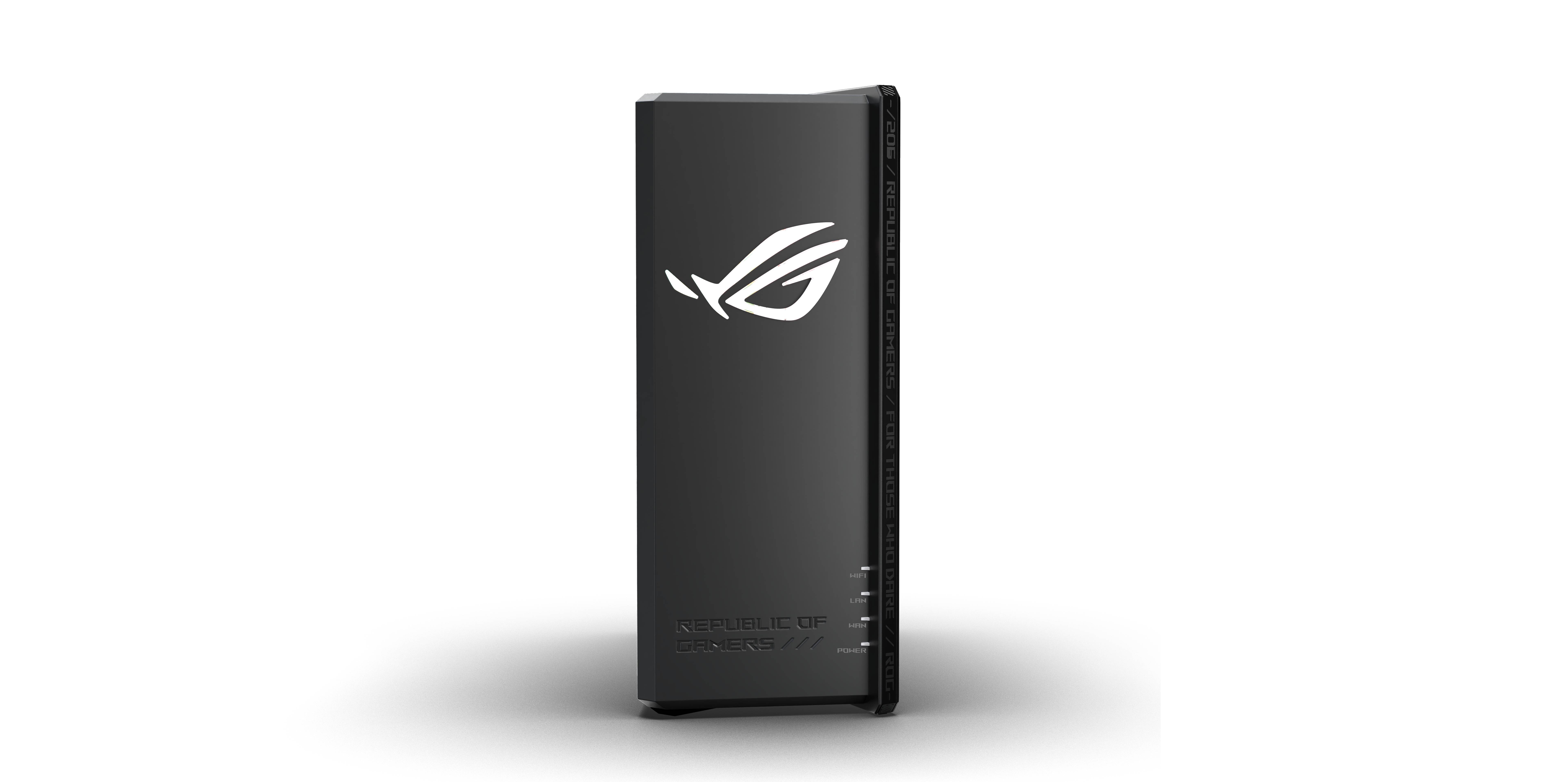 Schwarzes ASUS ROG-Rechteckgerät oder Verpackung mit dem zentrierten Republic of Gamers-Logo auf der Vorderseite.