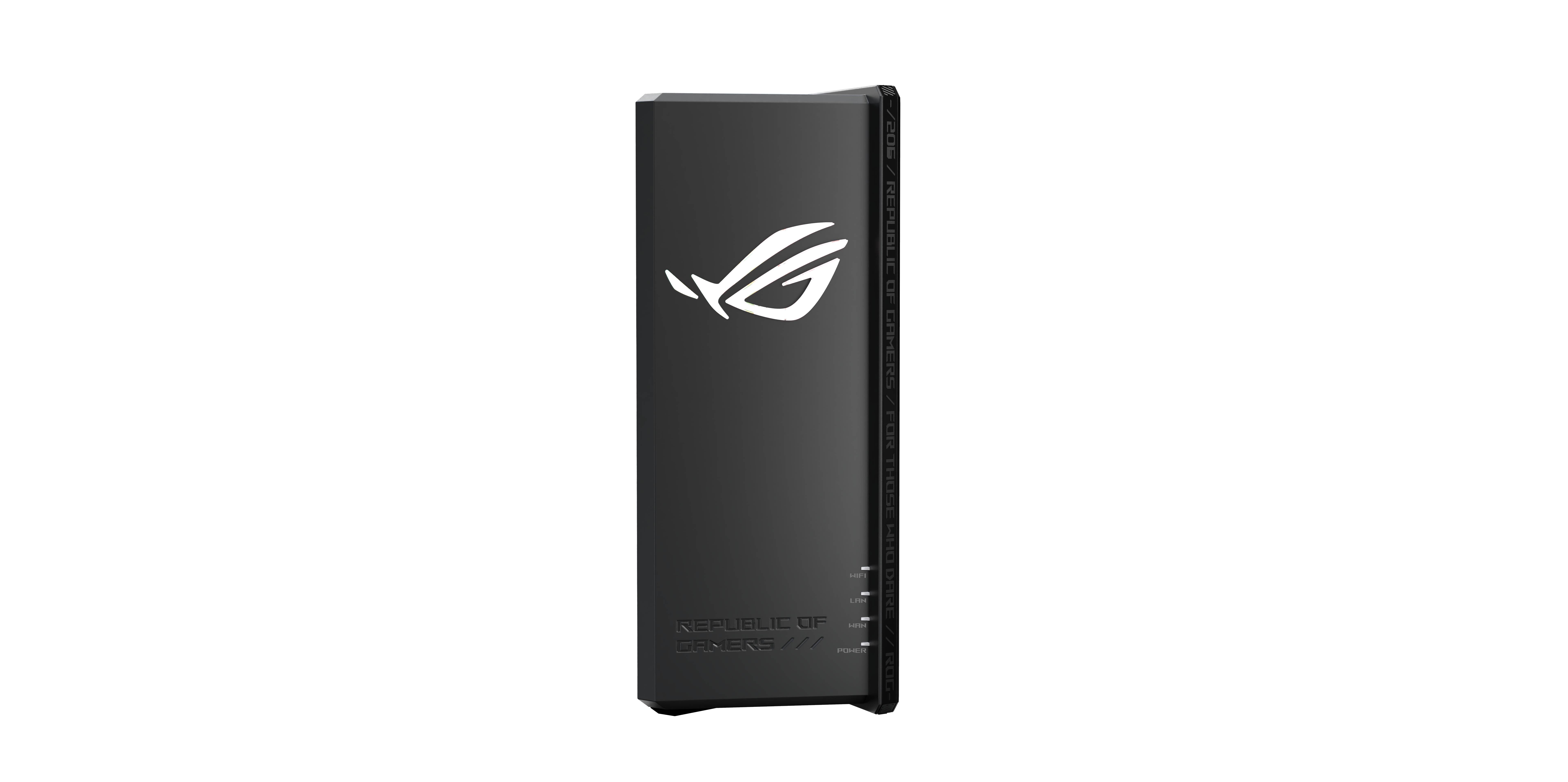 Schwarzes ASUS ROG Gaming-PC-Gehäuse aufrecht dargestellt mit dem Republic of Gamers Logo auf der Frontplatte