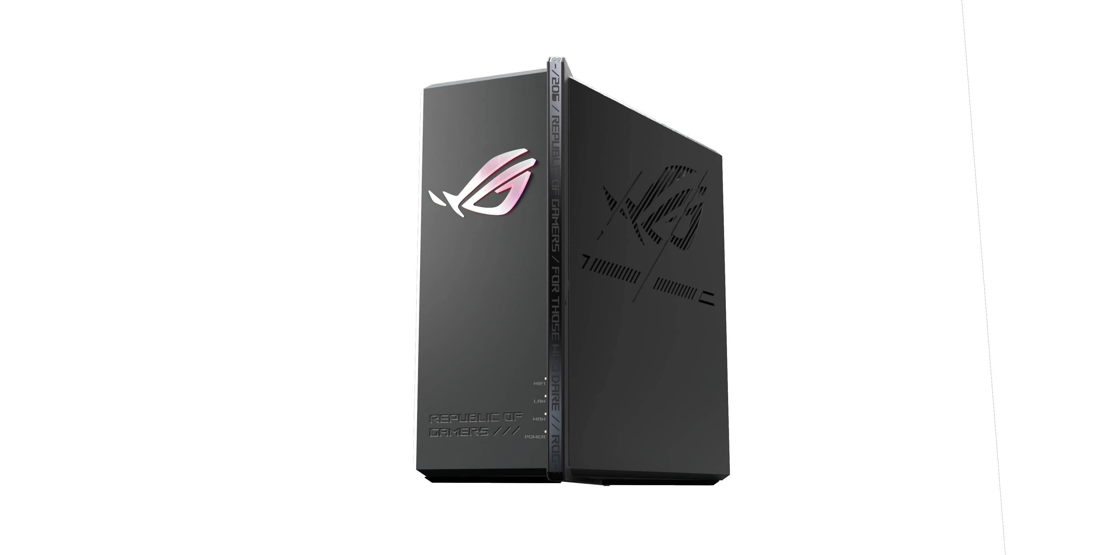 Schwarzer ASUS ROG Gaming-Desktop-Tower mit beleuchtetem ROG-Logo, gezeigt in einer eleganten Produktdarstellung im Winkel auf dunklem Hintergrund.