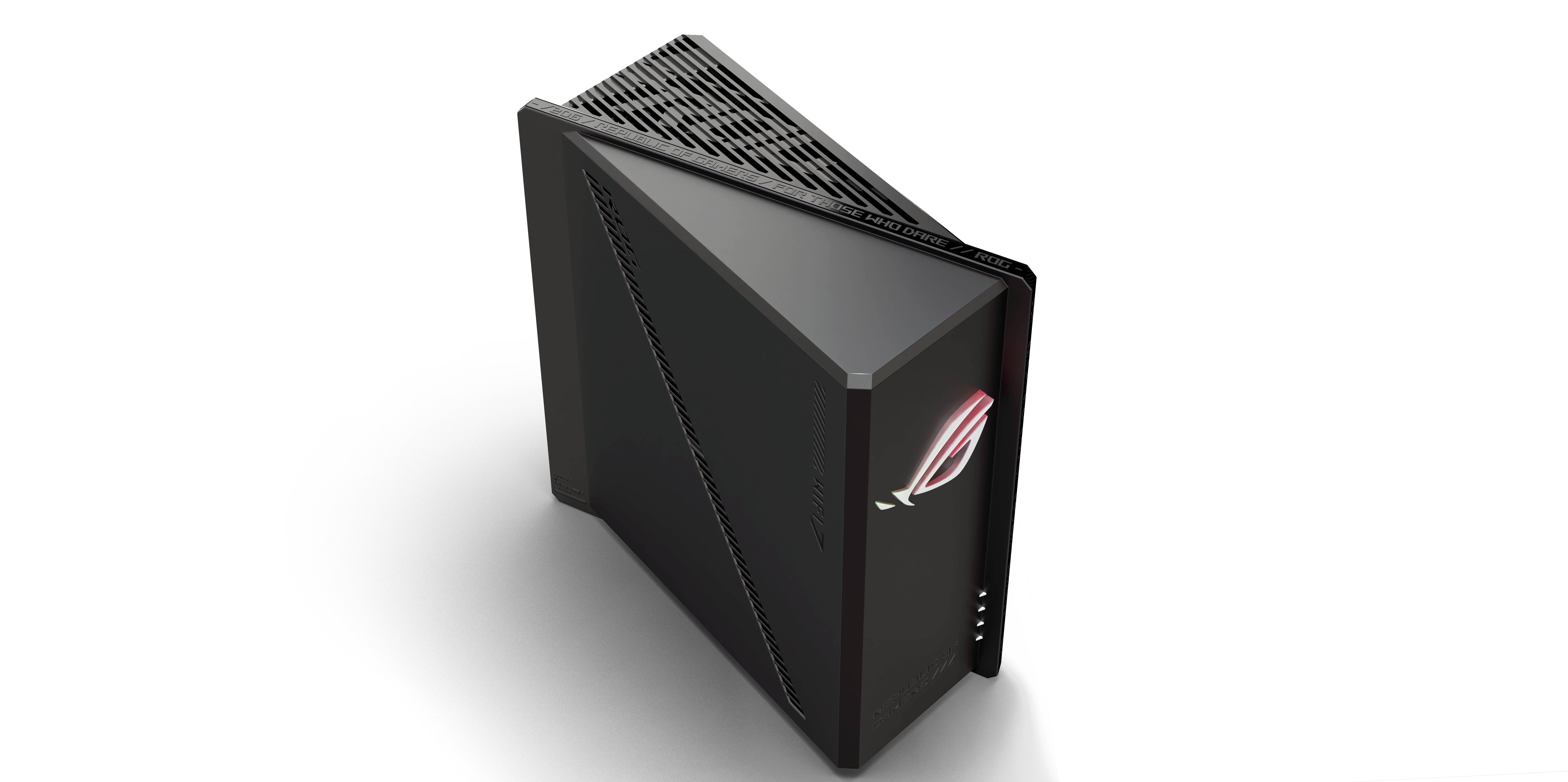 Schwarzer Gaming-Desktop-Tower-PC mit ASUS ROG-Logo auf der Vorderseite und einem belüfteten oberen Panel, dargestellt vor schwarzem Hintergrund.