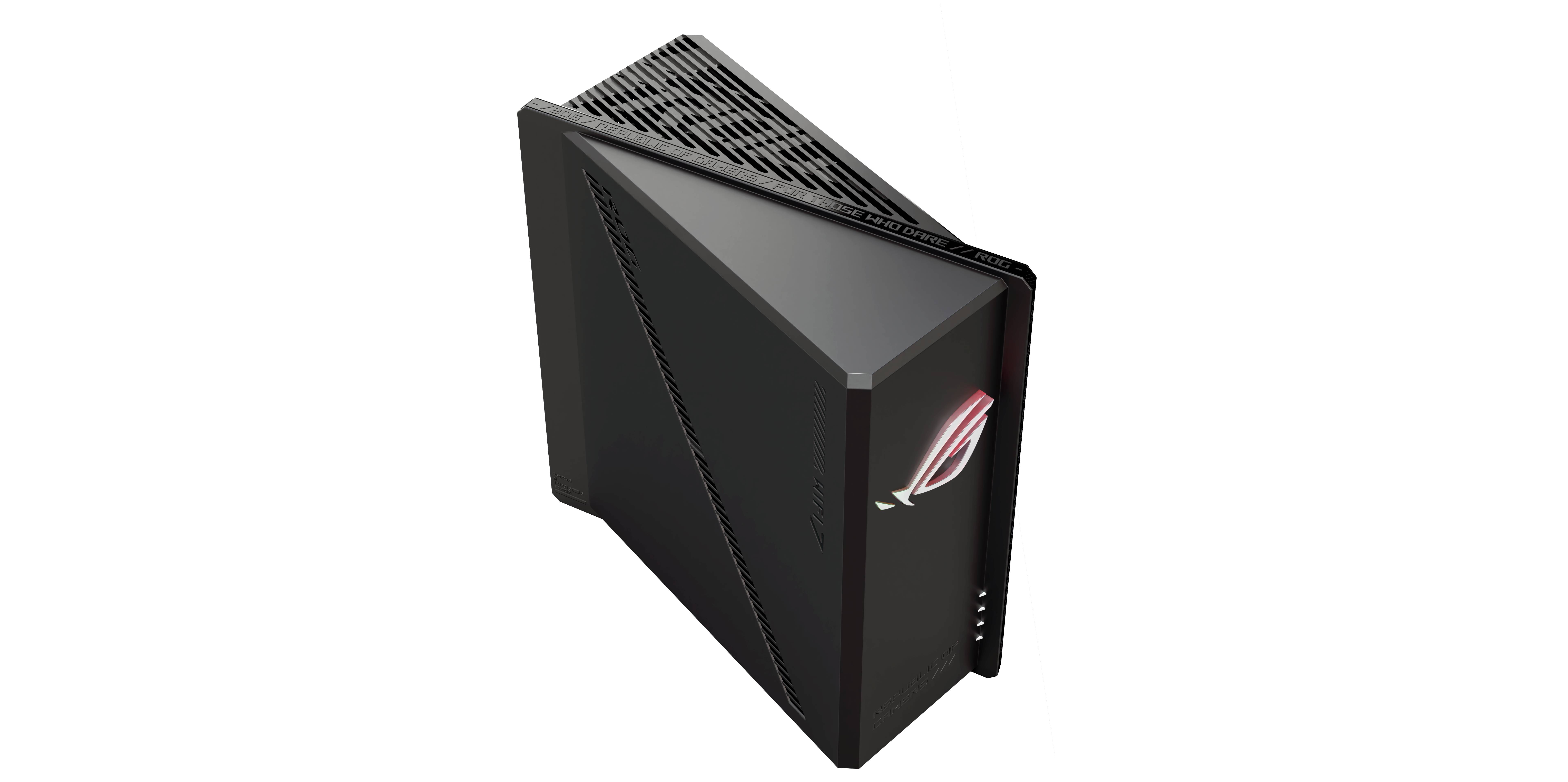 Schwarzer Gaming-Desktopturm mit leuchtendem ROG-Logo auf der Frontplatte, vor schwarzem Hintergrund dargestellt.