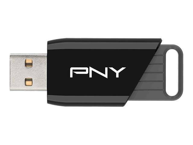 Schwarzes USB-Speicherlaufwerk von PNY mit ausziehbarem USB-A-Anschluss und Schlüsselanhänger-Schlaufe auf weißem Hintergrund.