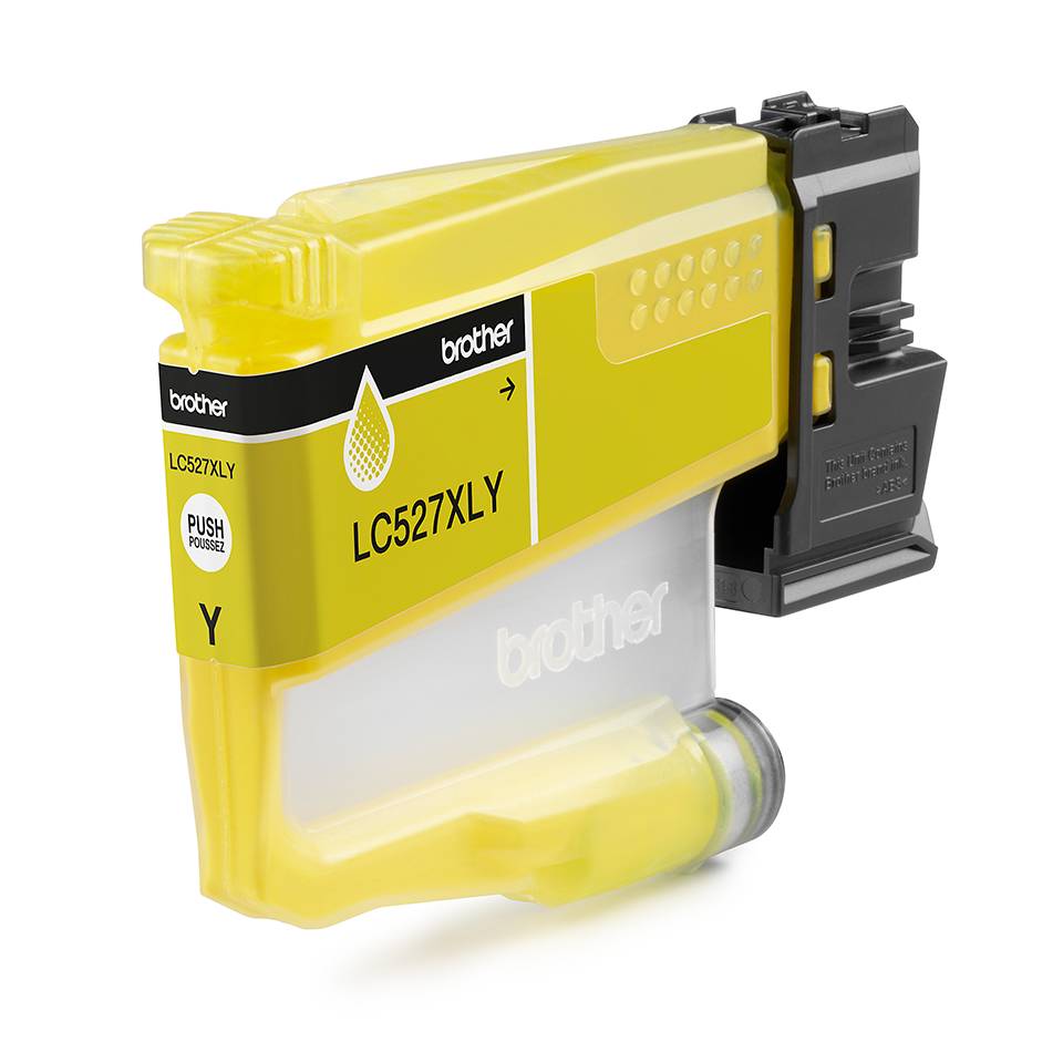 Gelber Brother LC527XLY Tintenpatrone mit schwarzem Stecker, gekennzeichnet für gelbe Tintennutzung.