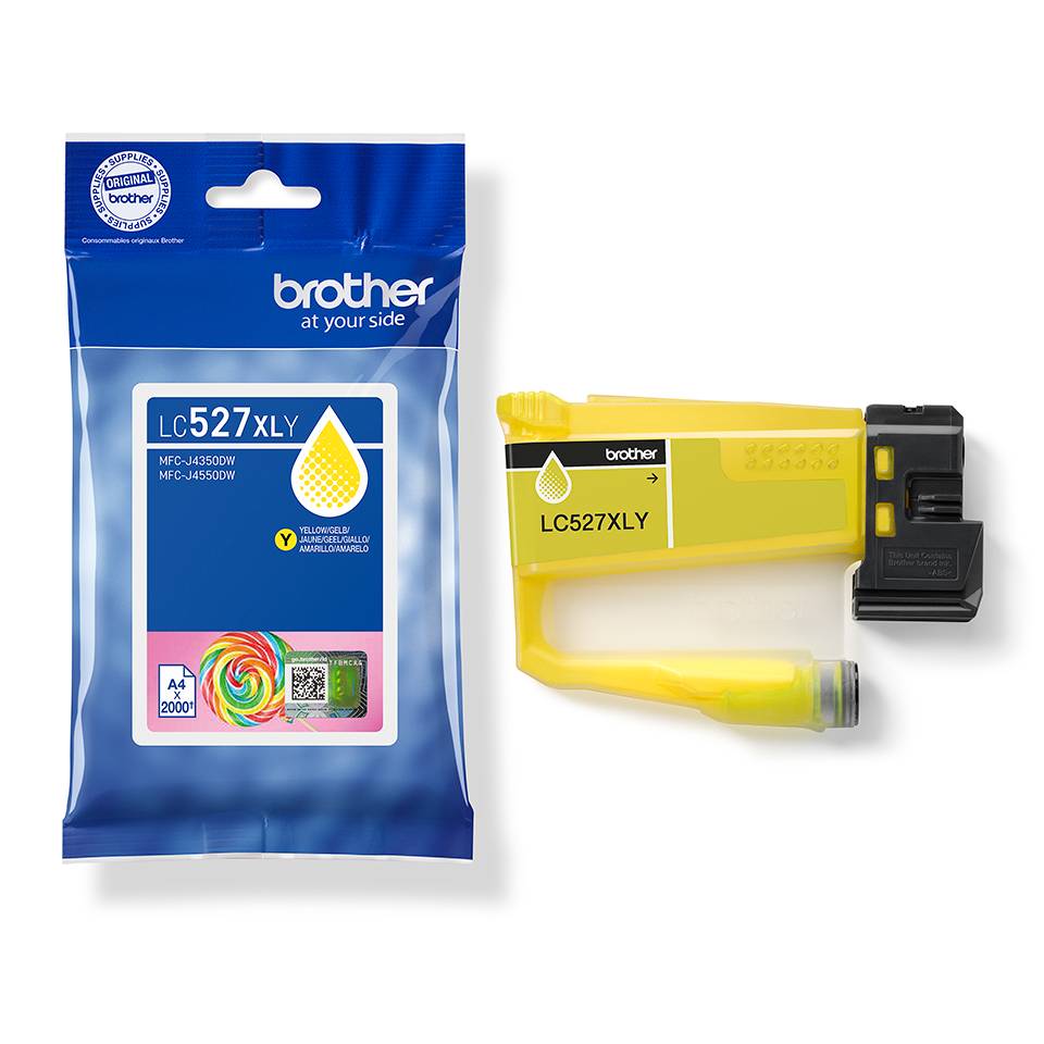 Brother LC527XLY gelber Tintenpatrone in Verpackung, gezeigt neben der installierten Patroneneinheit.