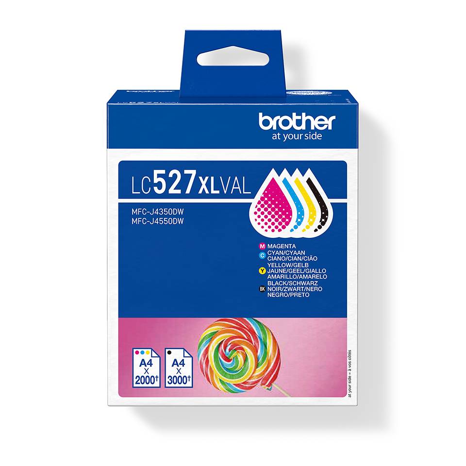 Brother LC527XLVAL Farbdruckpatronen-Box mit Magenta-, Cyan-, Gelb- und Schwarztinte, gekennzeichnet für MFC-J435DW- und MFC-J455DW-Drucker.