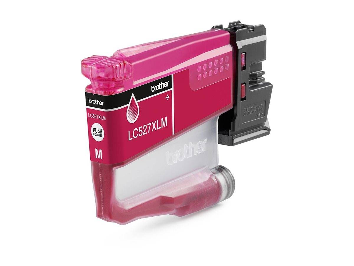 Magenta Brother LC527XLM Tintenpatrone mit transparentem Gehäuse und schwarzem Clip-Anschluss.