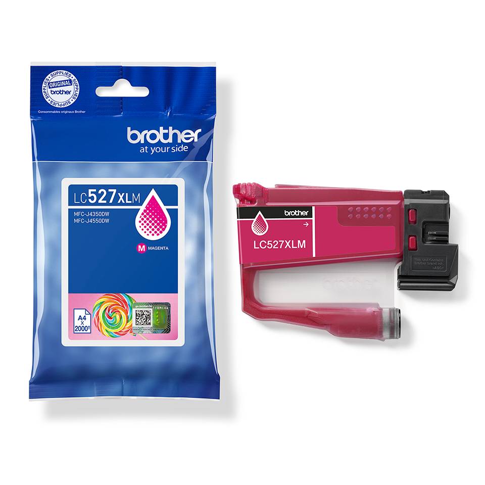 Brother LC527XLM Magentadruckpatronen-Kartusche in Verpackung und installierte Patrone dargestellt, mit Brother-Branding und Magentafarben-Tropfensymbol.