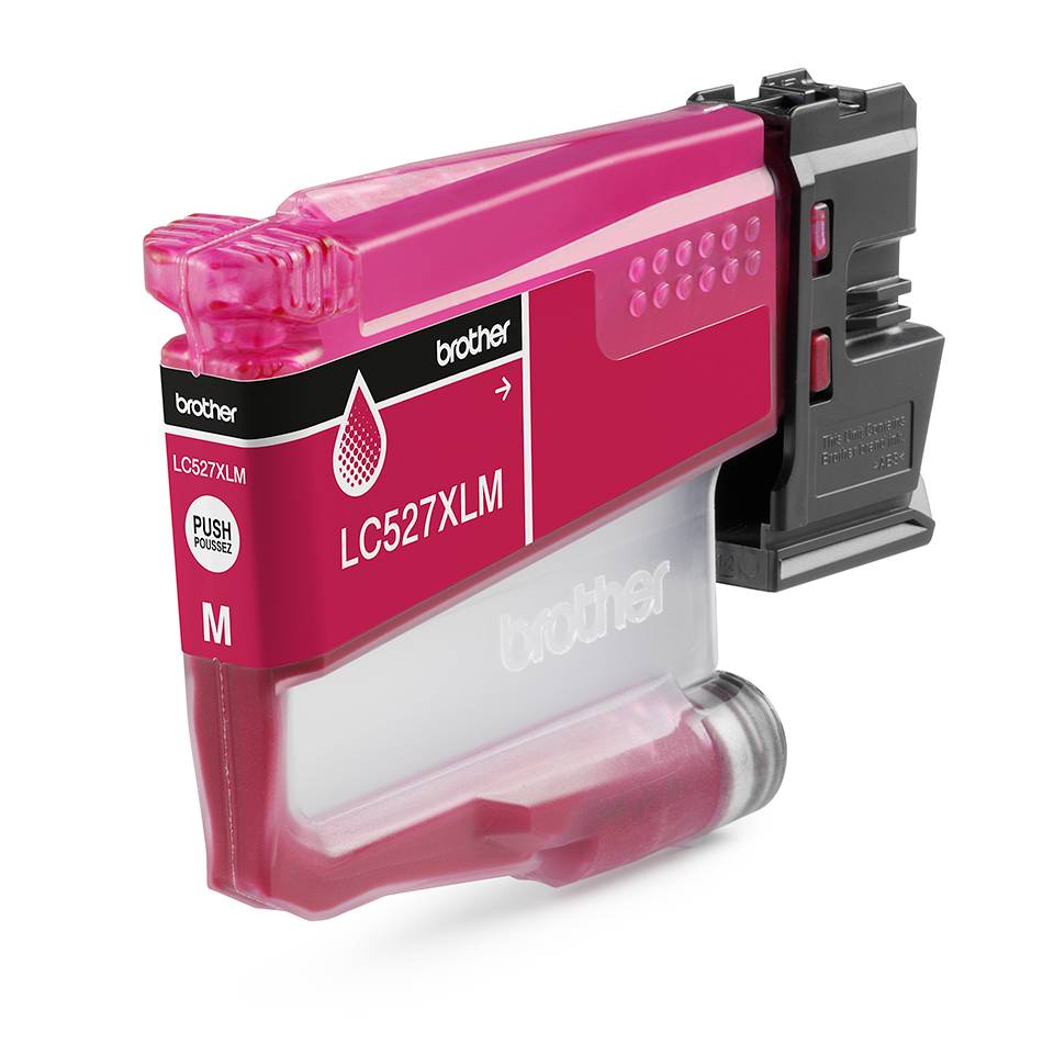 Magenta-Tintenpatrone LC527XLM für Brother mit transparenter Tintenkammer und schwarzem Clip, isoliert auf weißem Hintergrund dargestellt.
