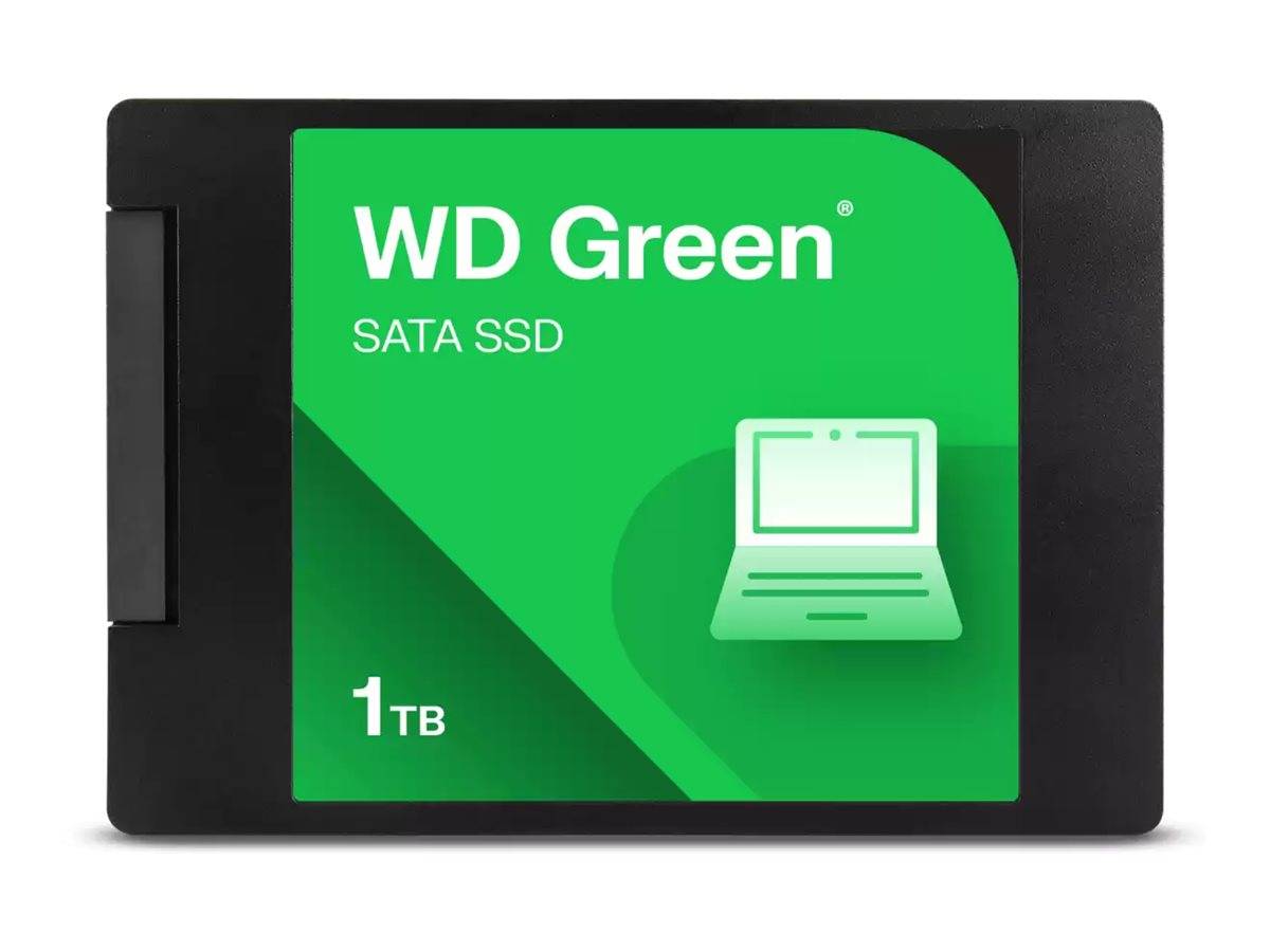 WD Green 1TB SATA SSD in einem schwarzen 2,5-Zoll-Laufwerk-Gehäuse mit grünem Etikett und Laptop-Symbol.