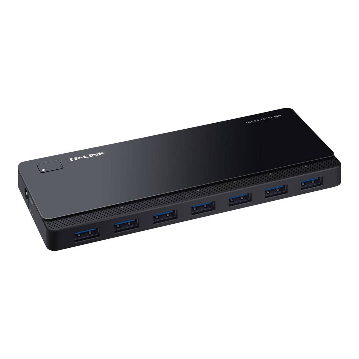 Ein schwarzer TP-Link USB 3.0 7-Port-Hub in horizontaler Ausrichtung mit sieben blauen USB-Anschlüssen auf der Vorderseite.