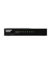 Vorderansicht einer schwarzen QNAP-Rackmount-Netzwerkspeichereinheit mit Logo und Status-LEDs auf der Frontplatte.