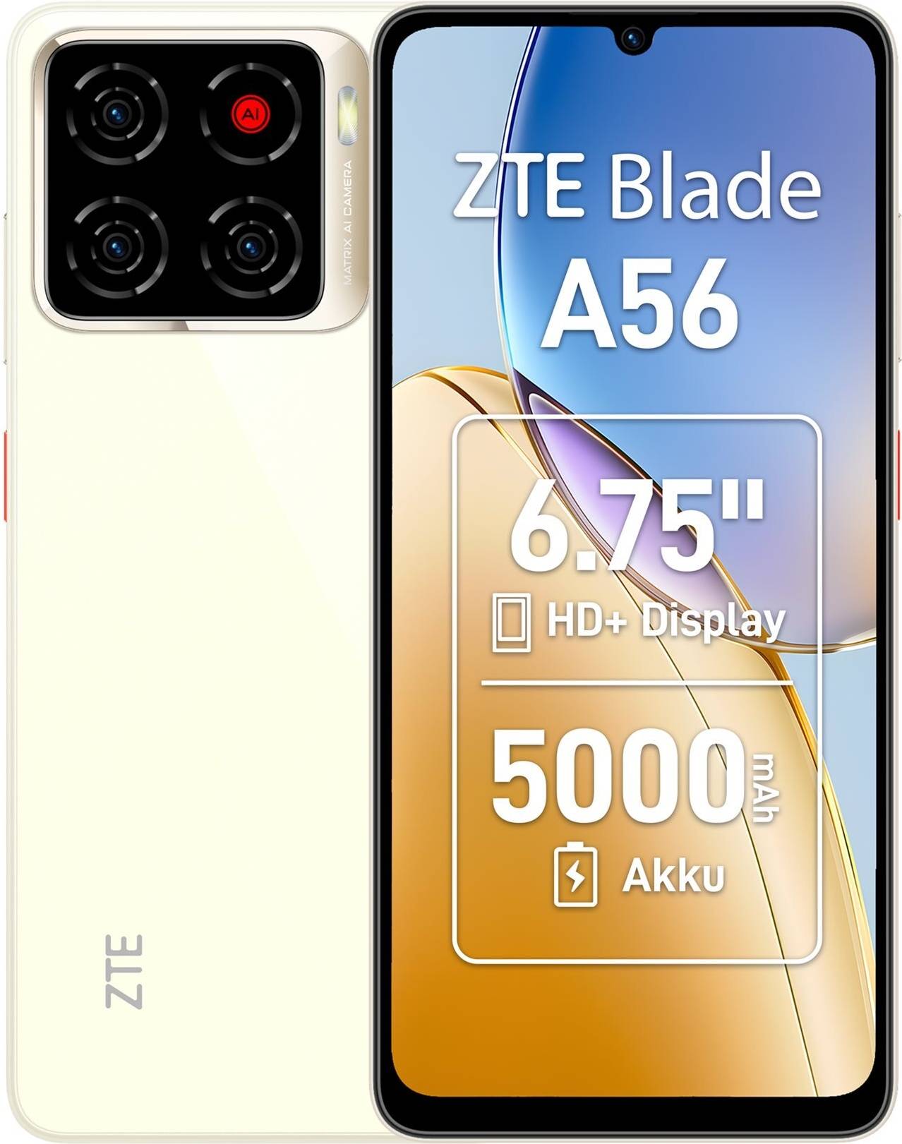 ZTE Blade A56 Smartphone von vorne und hinten gezeigt, mit Hervorhebung des 6,75-Zoll-HD+-Displays und des 5000-mAh-Akkus.