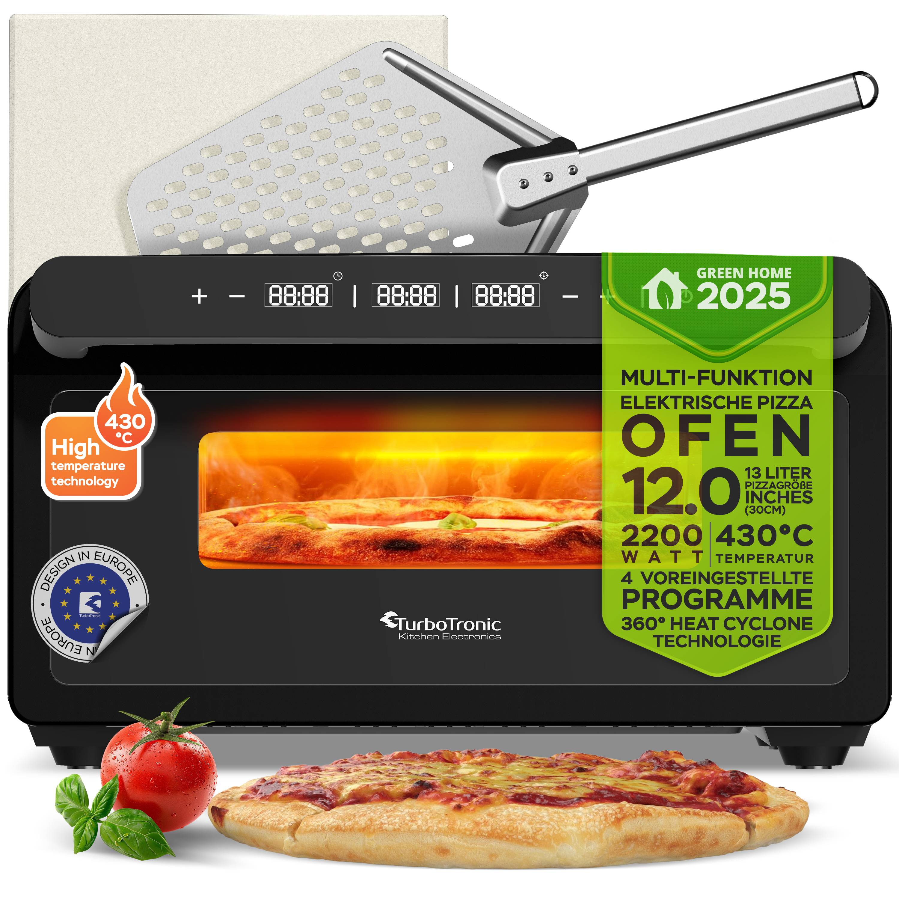 TurboTronic Pizzaofen bis 430 °C perfekte Pizza (30 cm) in 2 Minuten inkl. Pizzastein & Pizzaschieber für Zuhause & Garten Neapolitan Mini Backofen