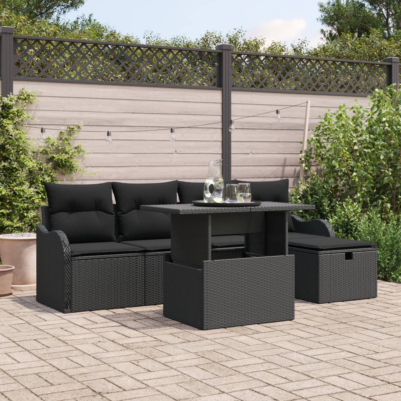 vidaXL 6-tlg. Garten-Sofagarnitur mit Kissen Schwarz Poly Rattan