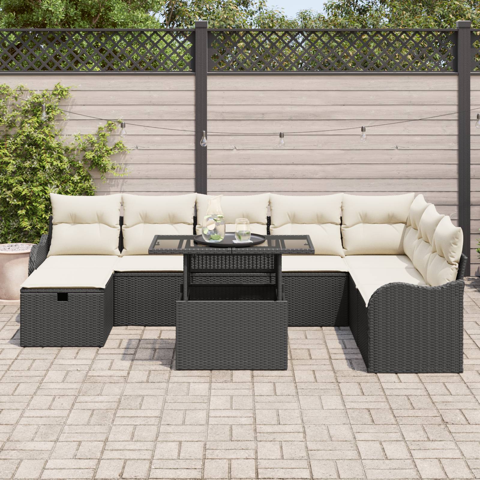 vidaXL 9-tlg. Garten-Sofagarnitur mit Kissen Schwarz Poly Rattan