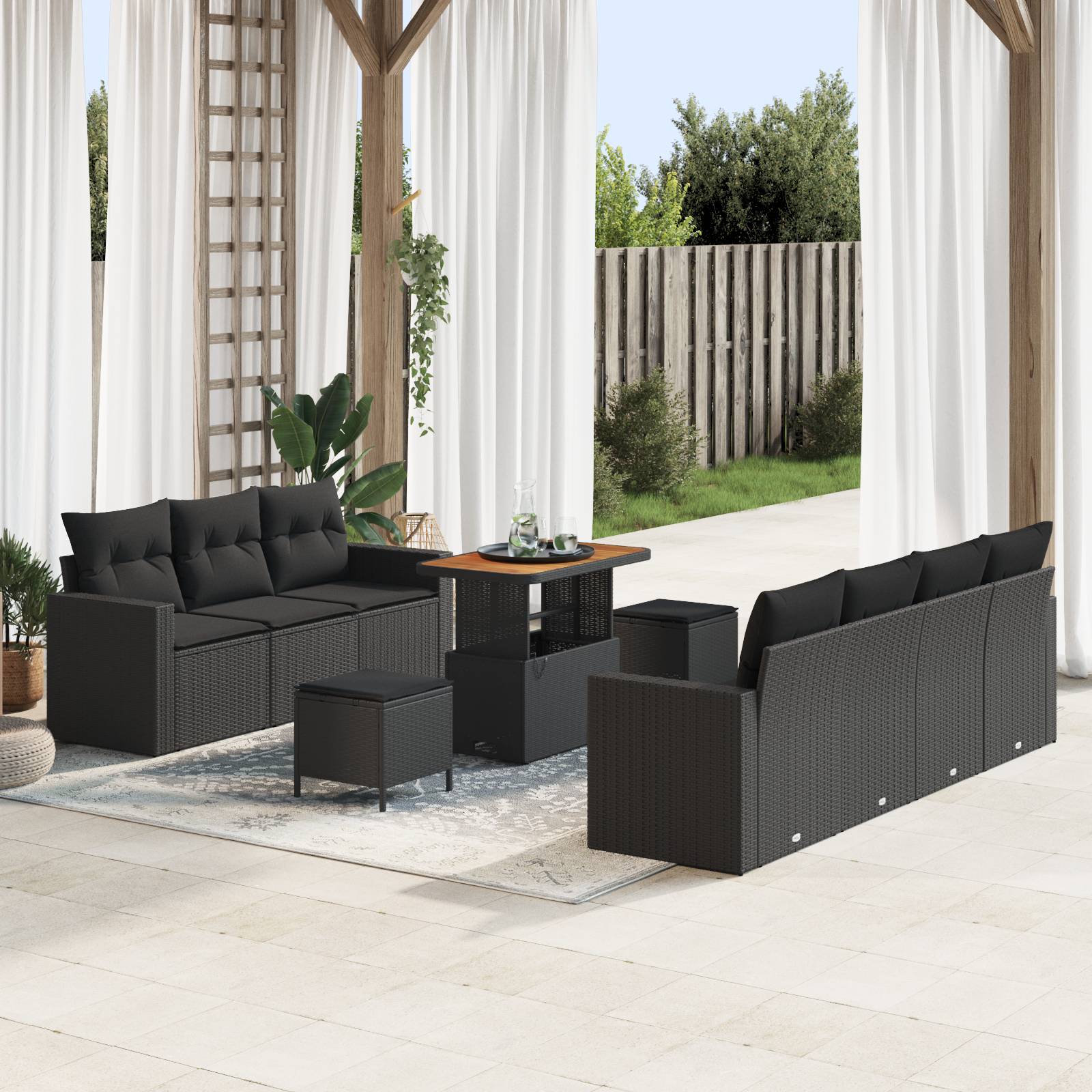 vidaXL 10-tlg. Garten-Sofagarnitur mit Kissen Schwarz Poly Rattan