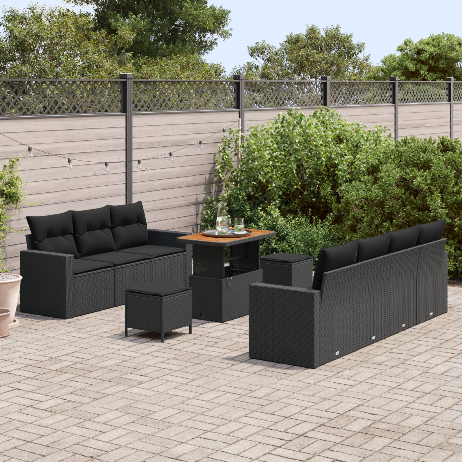 vidaXL 10-tlg. Garten-Sofagarnitur mit Kissen Schwarz Poly Rattan