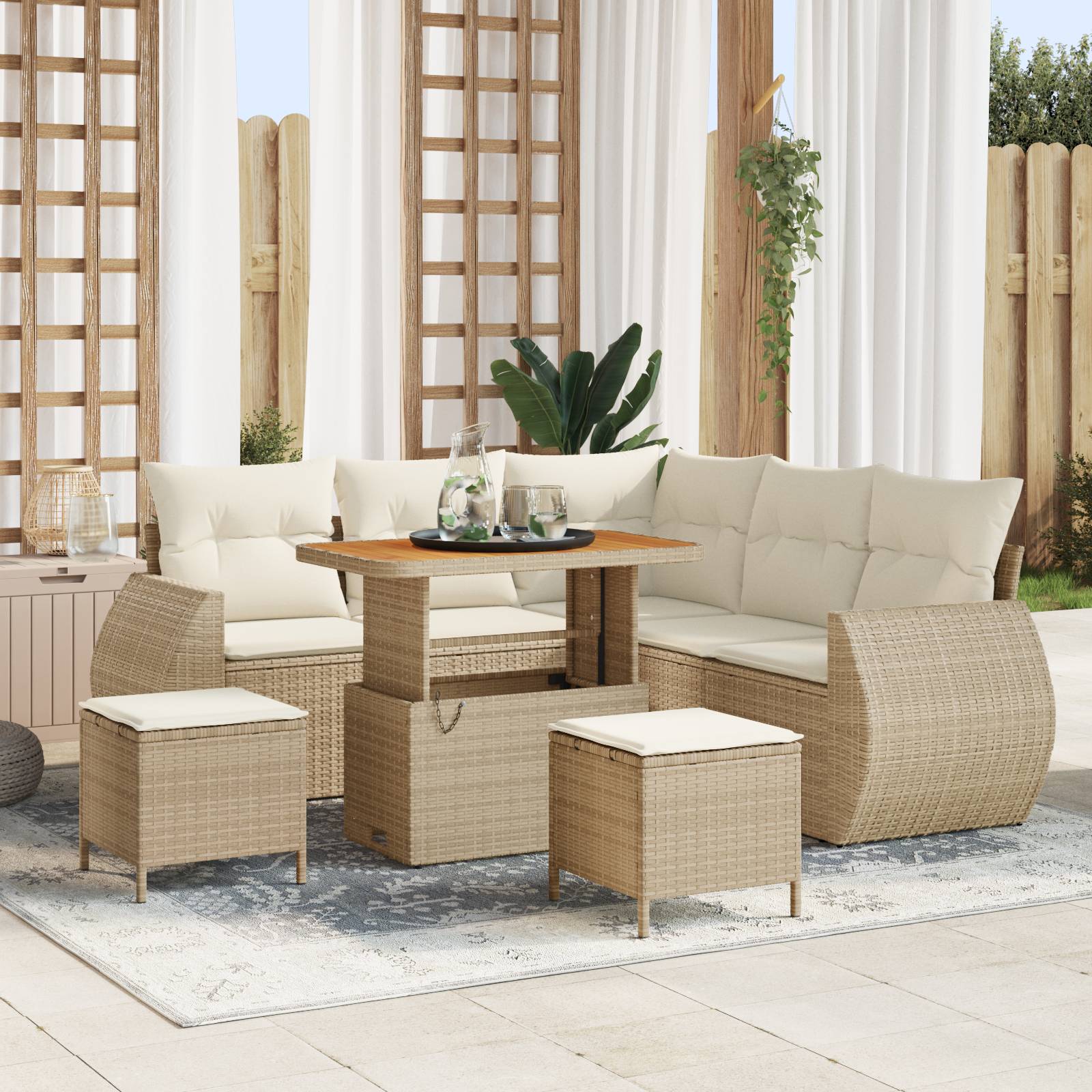 vidaXL 8-tlg. Garten-Sofagarnitur mit Kissen Beige Poly Rattan Akazie