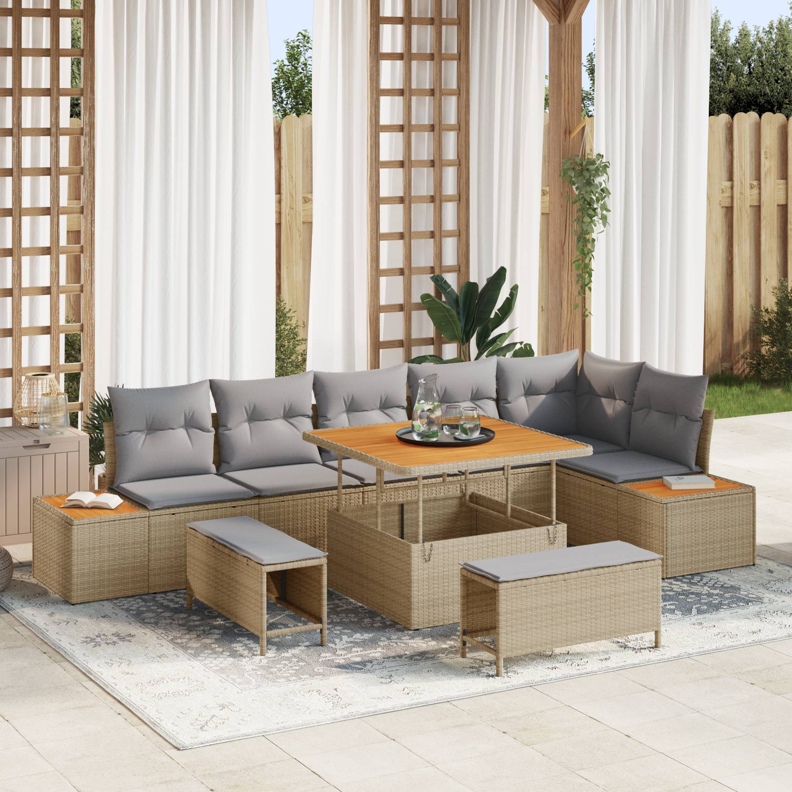 vidaXL 9-tlg. Garten-Sofagarnitur mit Kissen Beige Poly Rattan Akazie
