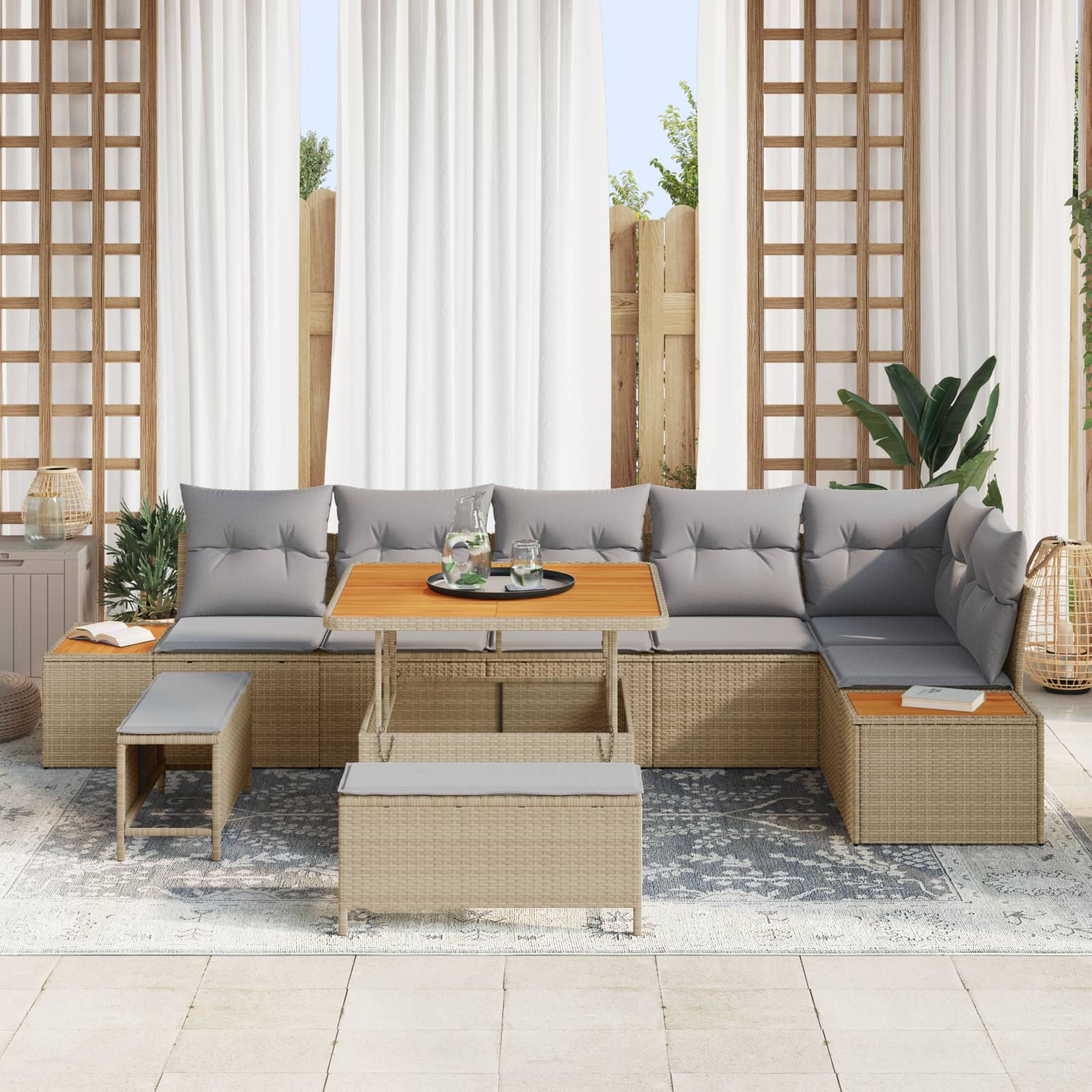 vidaXL 9-tlg. Garten-Sofagarnitur mit Kissen Beige Poly Rattan Akazie
