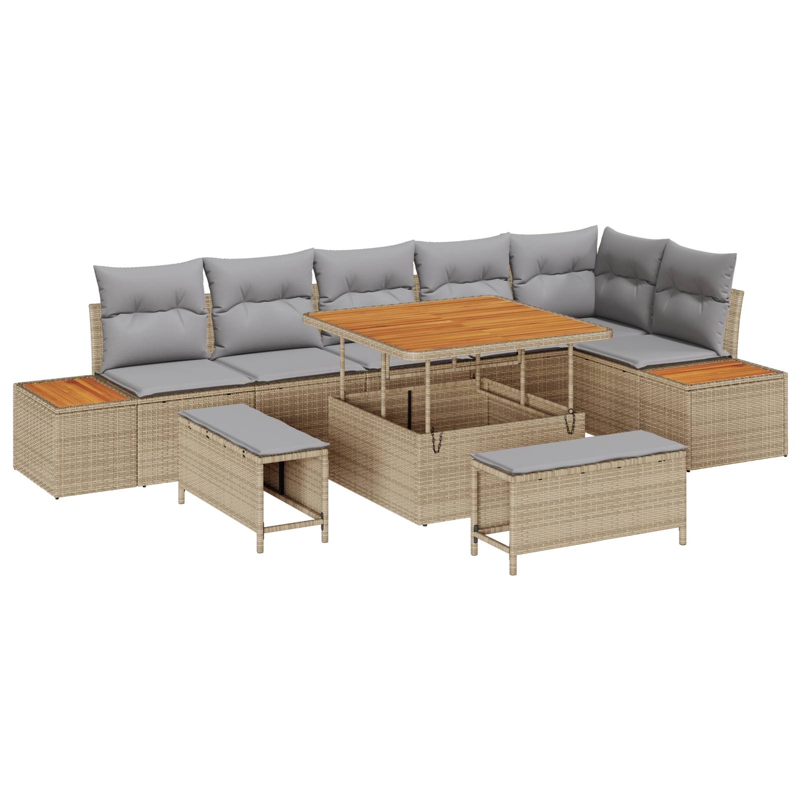 vidaXL 9-tlg. Garten-Sofagarnitur mit Kissen Beige Poly Rattan Akazie