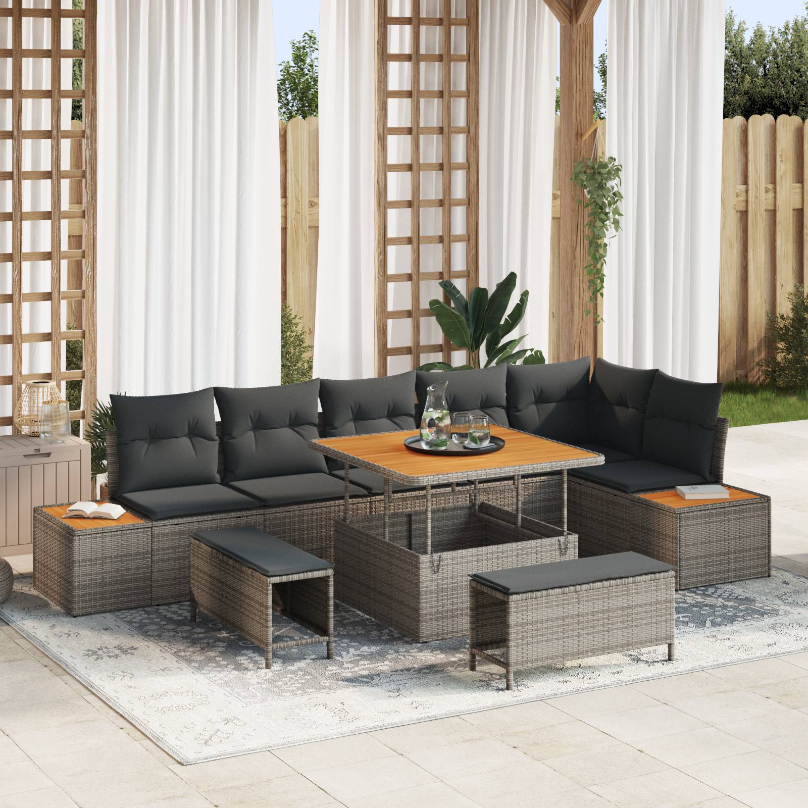 vidaXL 9-tlg. Garten-Sofagarnitur mit Kissen Grau Poly Rattan Akazie