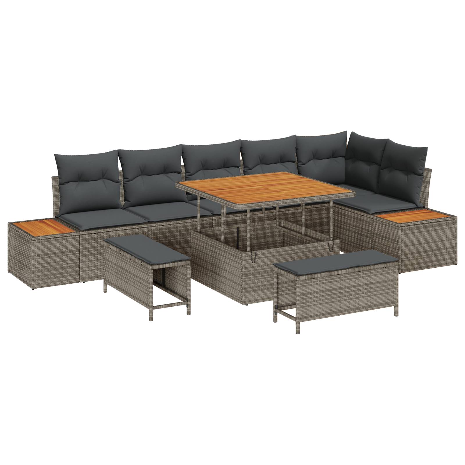 vidaXL 9-tlg. Garten-Sofagarnitur mit Kissen Grau Poly Rattan Akazie