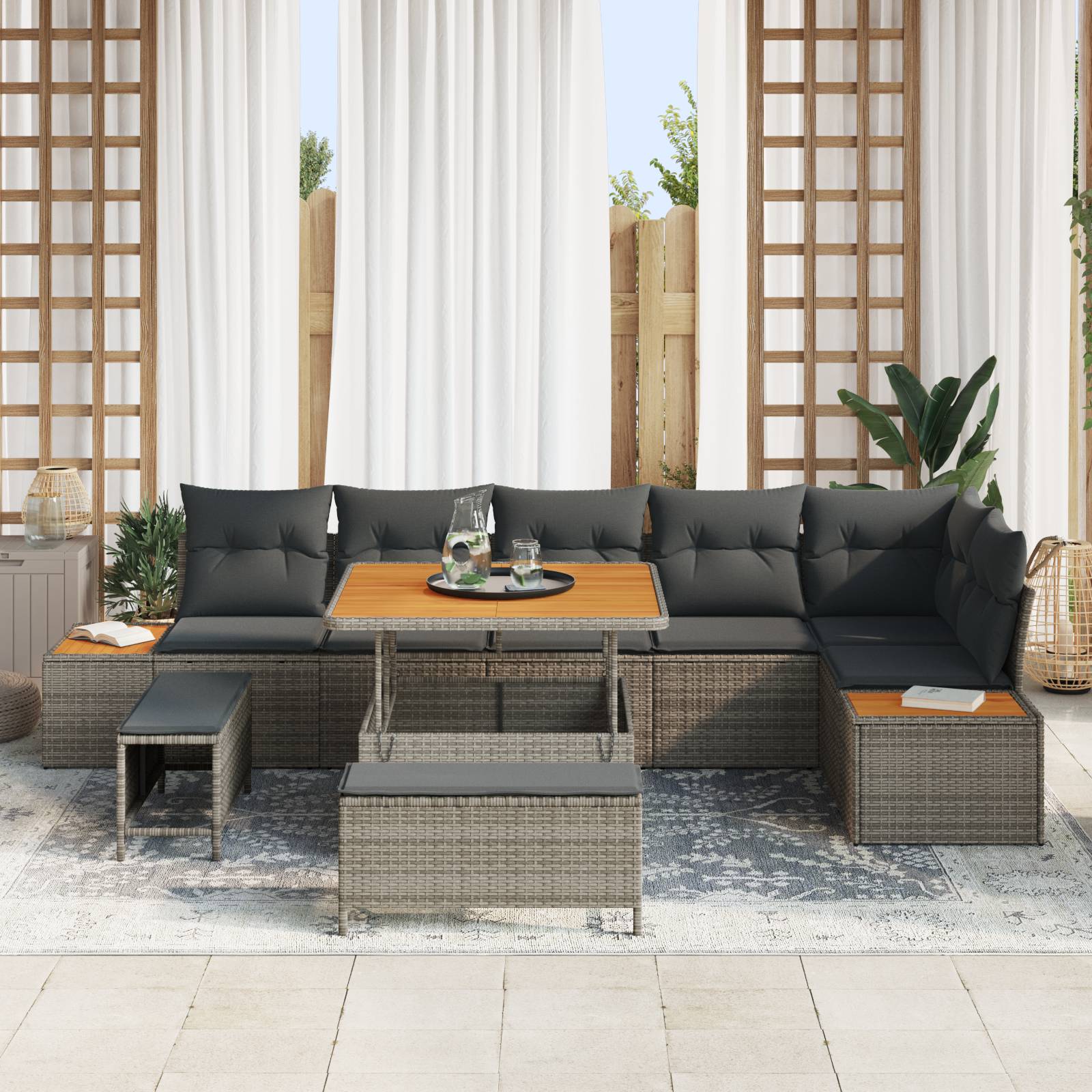 vidaXL 9-tlg. Garten-Sofagarnitur mit Kissen Grau Poly Rattan Akazie