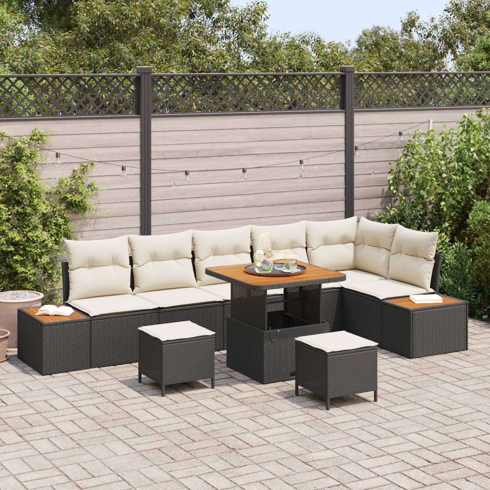 vidaXL 9-tlg Garten-Sofagarnitur mit Kissen Schwarz Poly Rattan Akazie