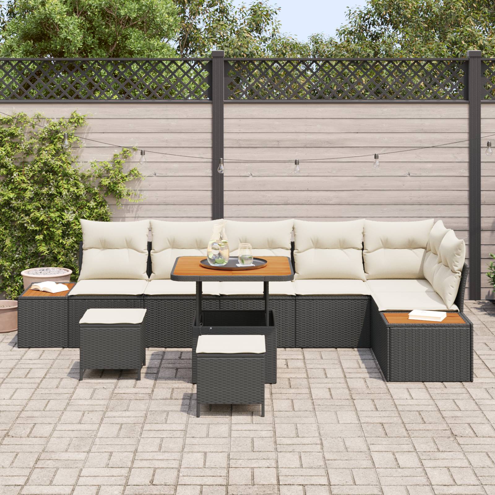 vidaXL 9-tlg Garten-Sofagarnitur mit Kissen Schwarz Poly Rattan Akazie