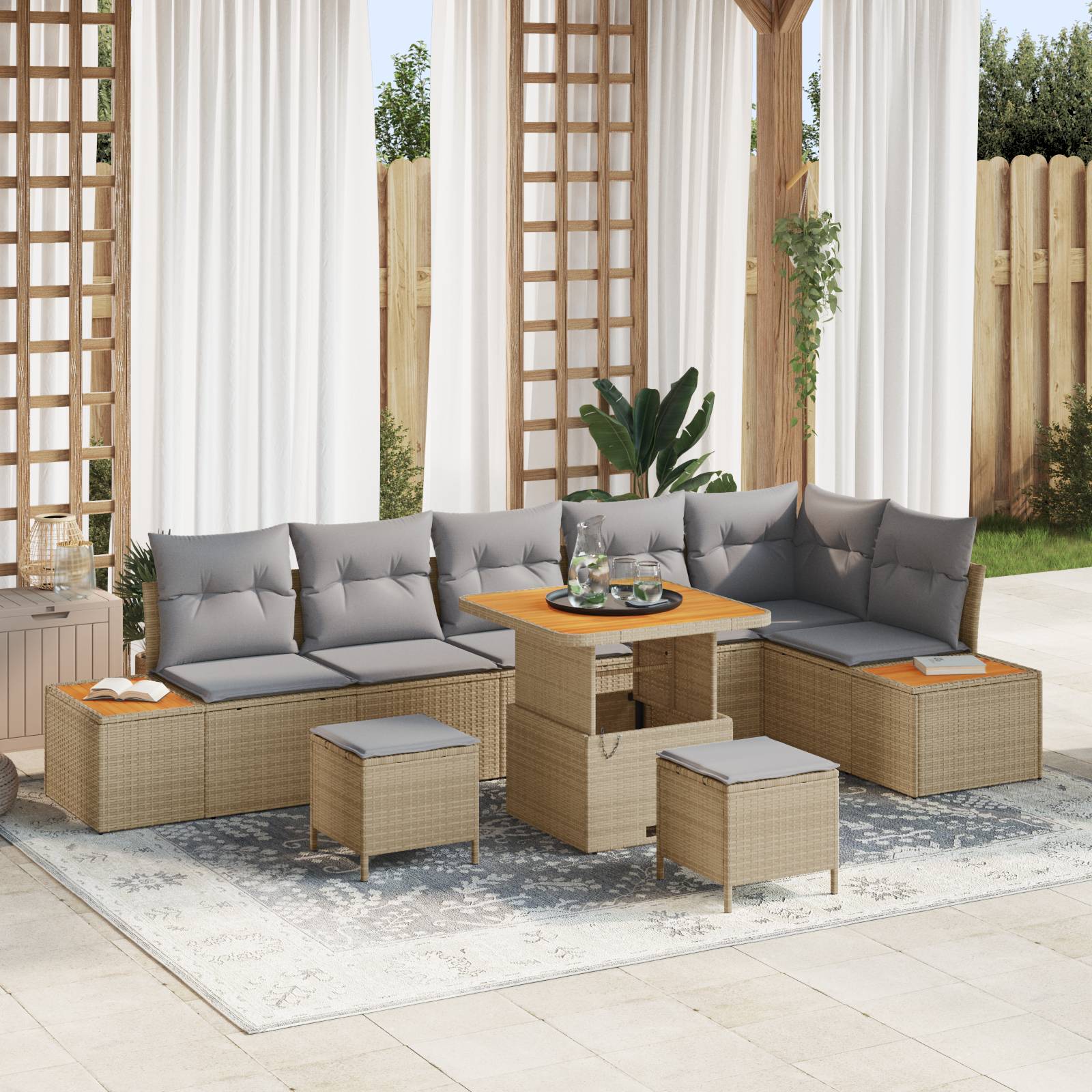 vidaXL 9-tlg. Garten-Sofagarnitur mit Kissen Beige Poly Rattan Akazie