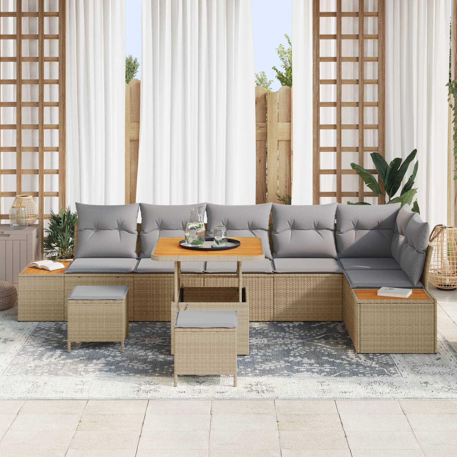 vidaXL 9-tlg. Garten-Sofagarnitur mit Kissen Beige Poly Rattan Akazie