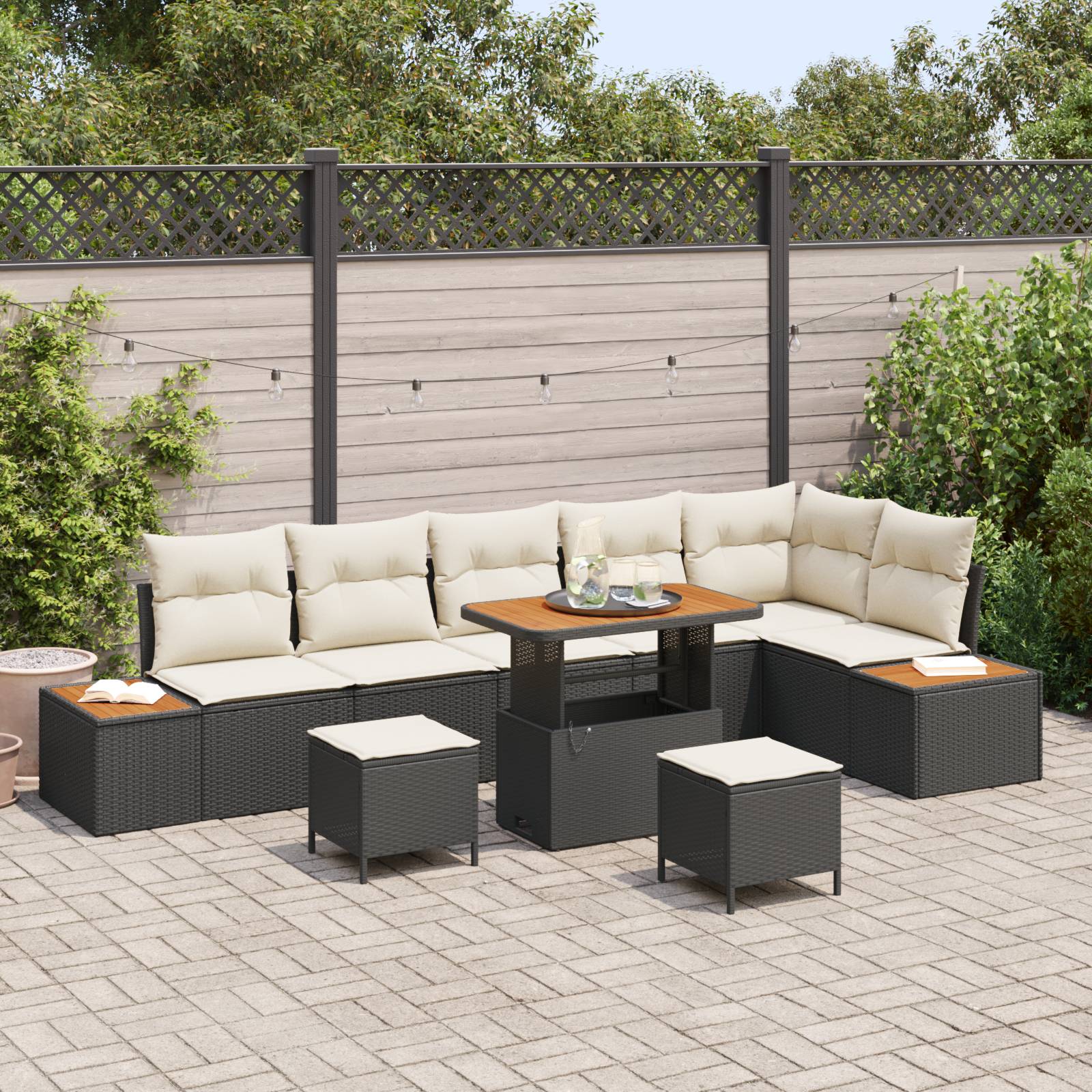 vidaXL 9-teiliges Garten Sofa Set mit Kissen Schwarz Poly Rattan Akazie
