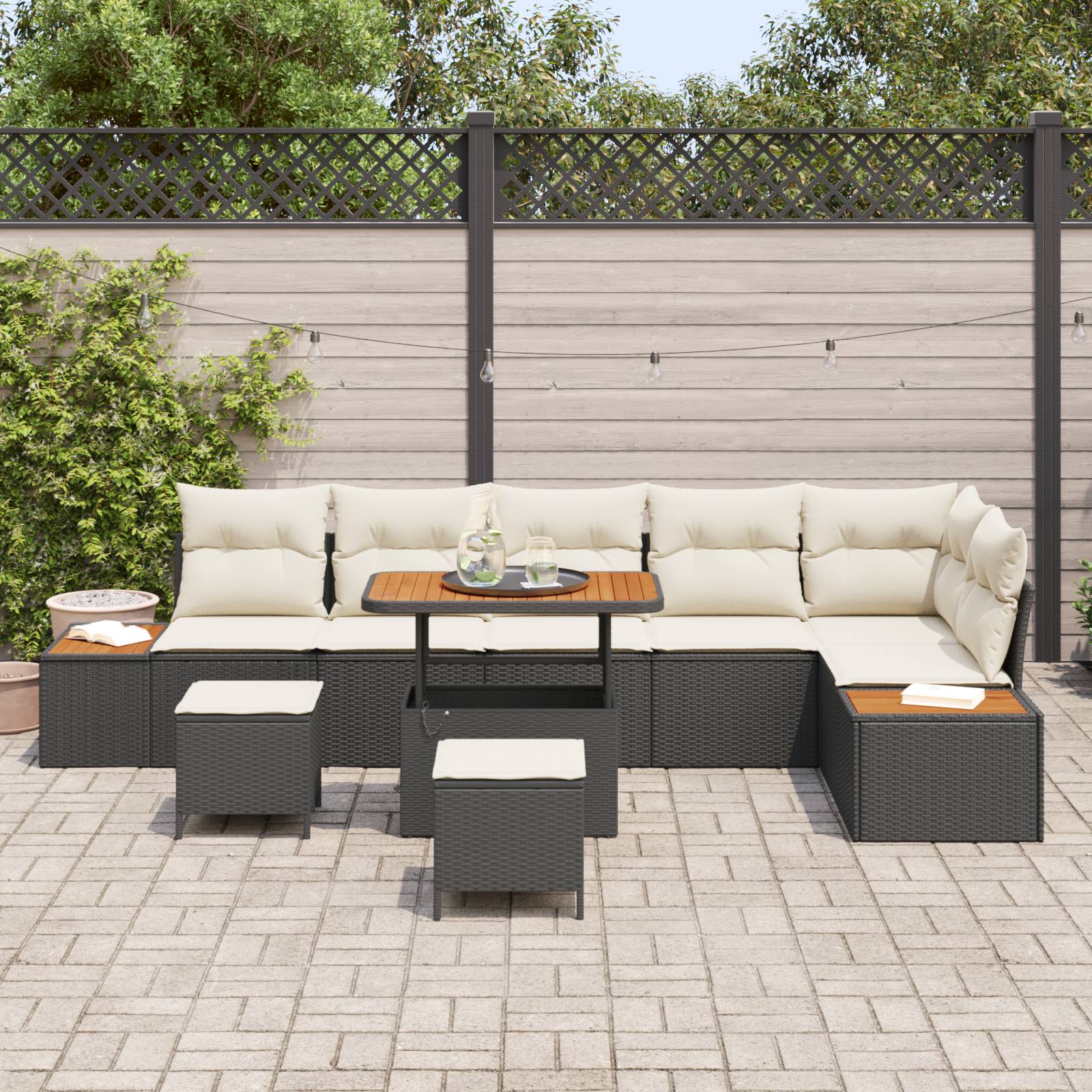 vidaXL 9-teiliges Garten Sofa Set mit Kissen Schwarz Poly Rattan Akazie
