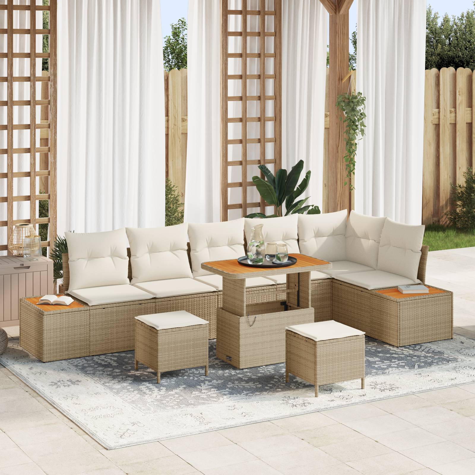 vidaXL 9-tlg. Garten-Sofagarnitur mit Kissen Beige Poly Rattan Akazie