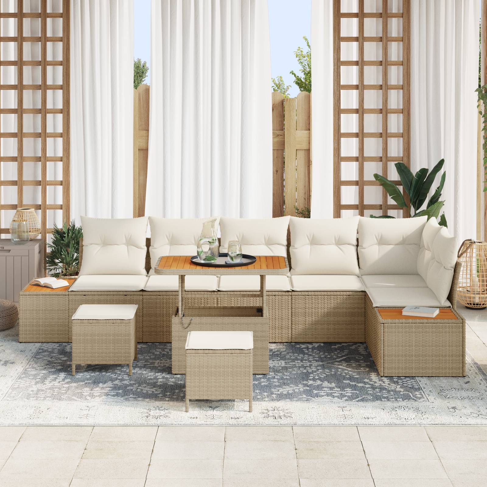 vidaXL 9-tlg. Garten-Sofagarnitur mit Kissen Beige Poly Rattan Akazie
