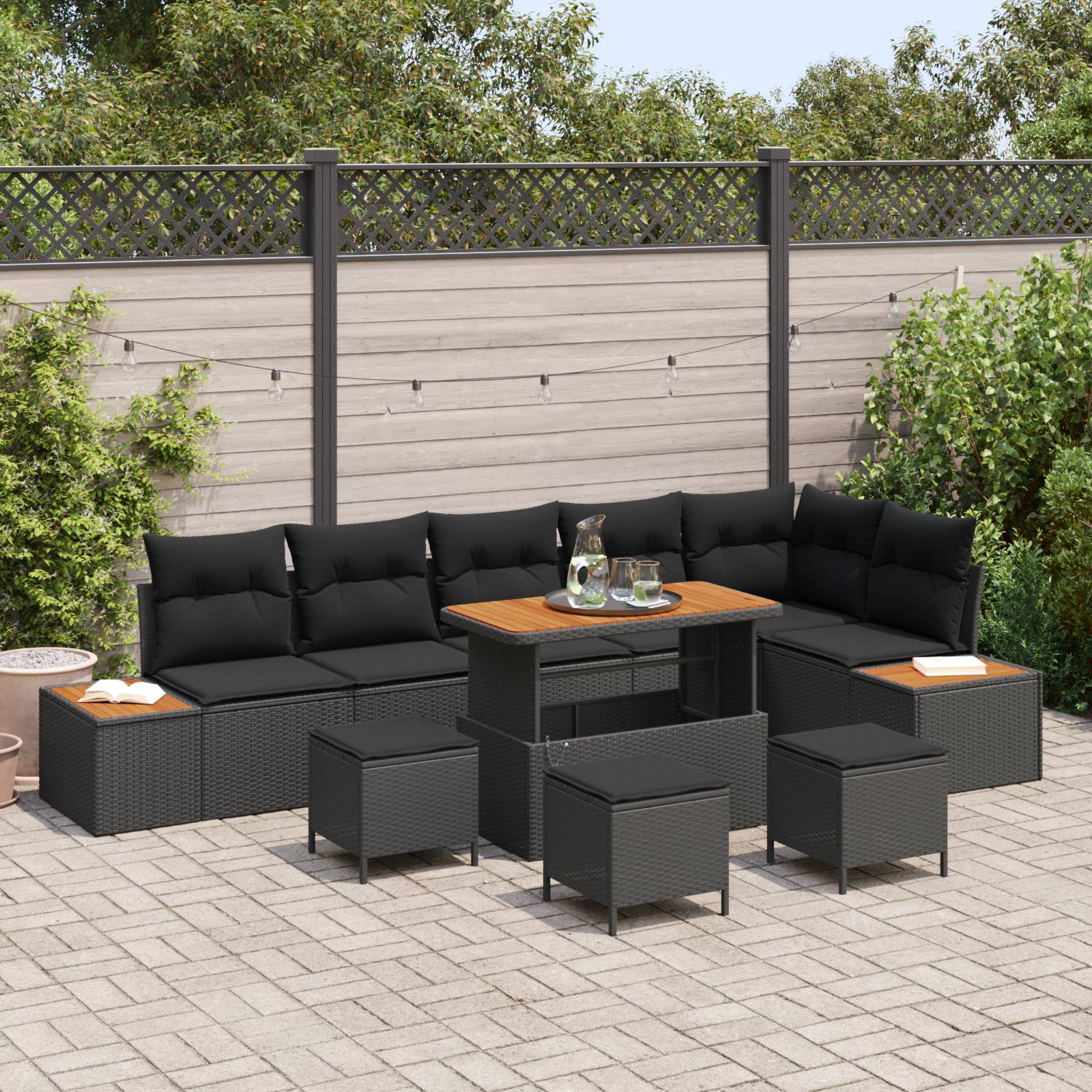 vidaXL 10-tlg. Garten-Sofagarnitur mit Kissen Schwarz Poly Rattan