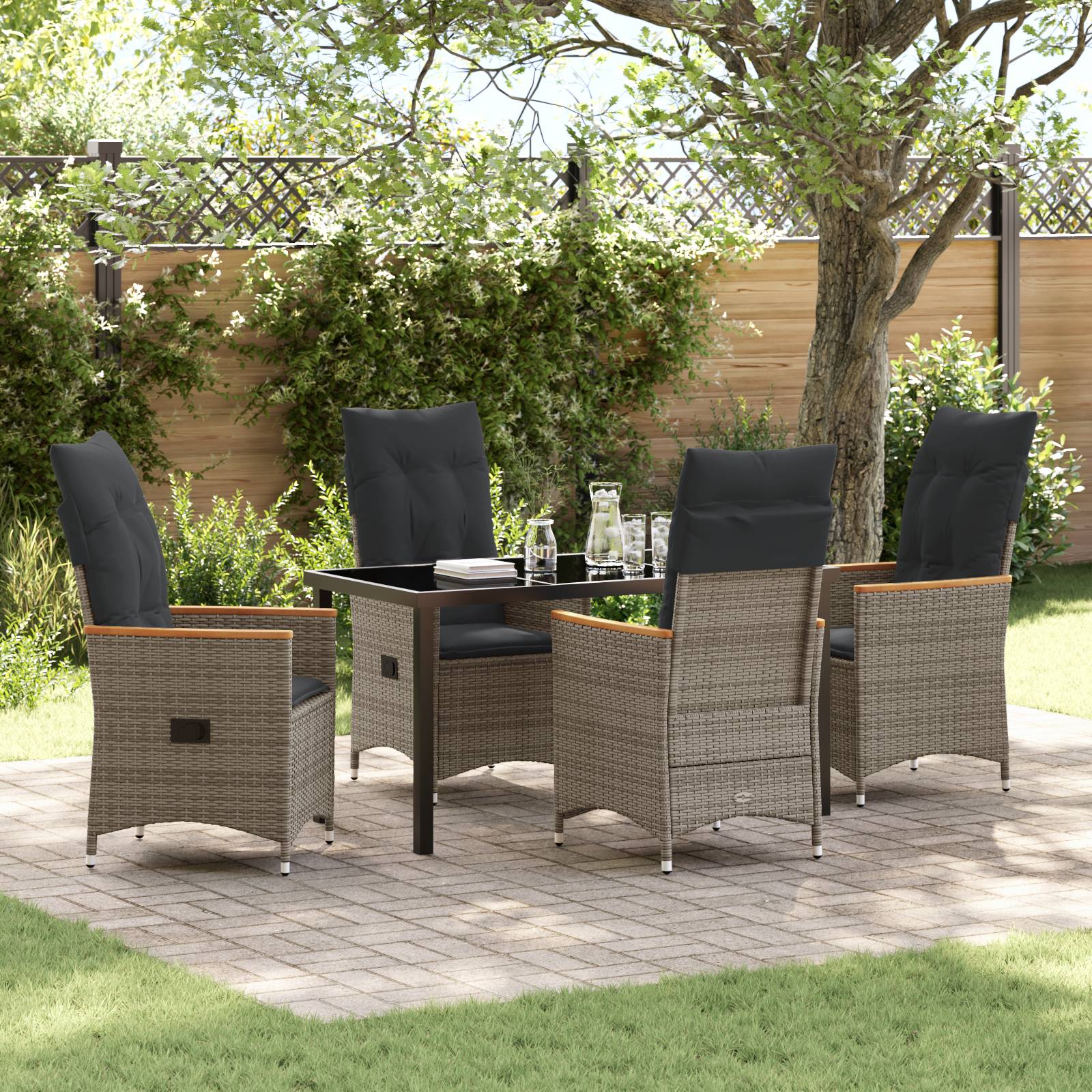 vidaXL 5-teiliges Garten-Esstisch-Set mit Kissen in grauem Poly-Rattan